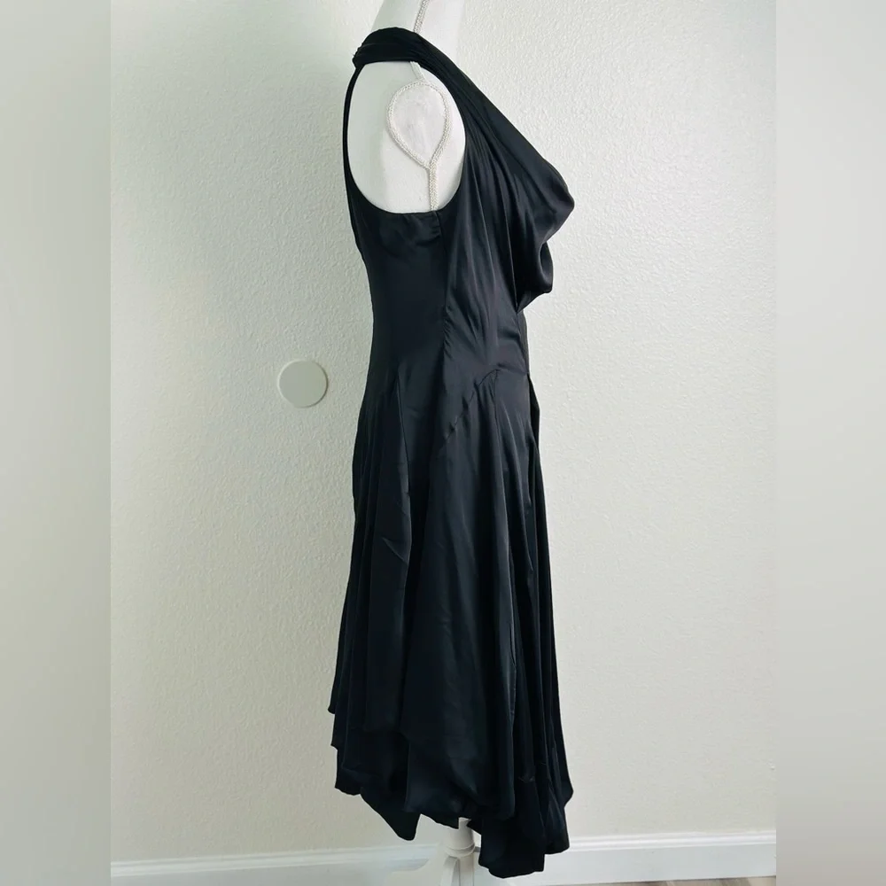 Samuel Dong  Cowl Neck Black Asymmetrical Midi Dress Size Small